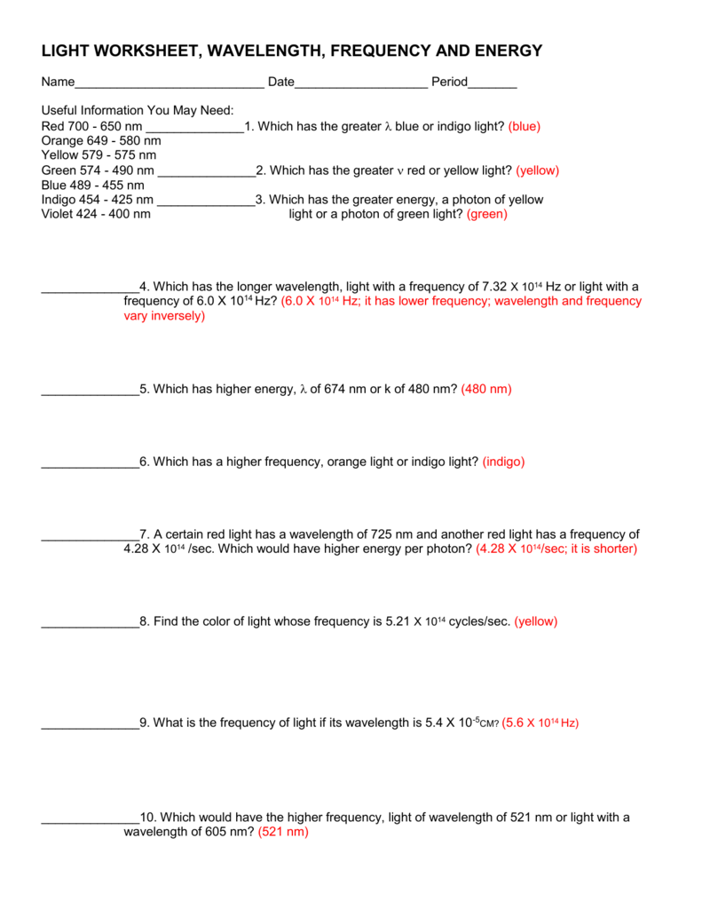 Key LIGHT WORKSHEET