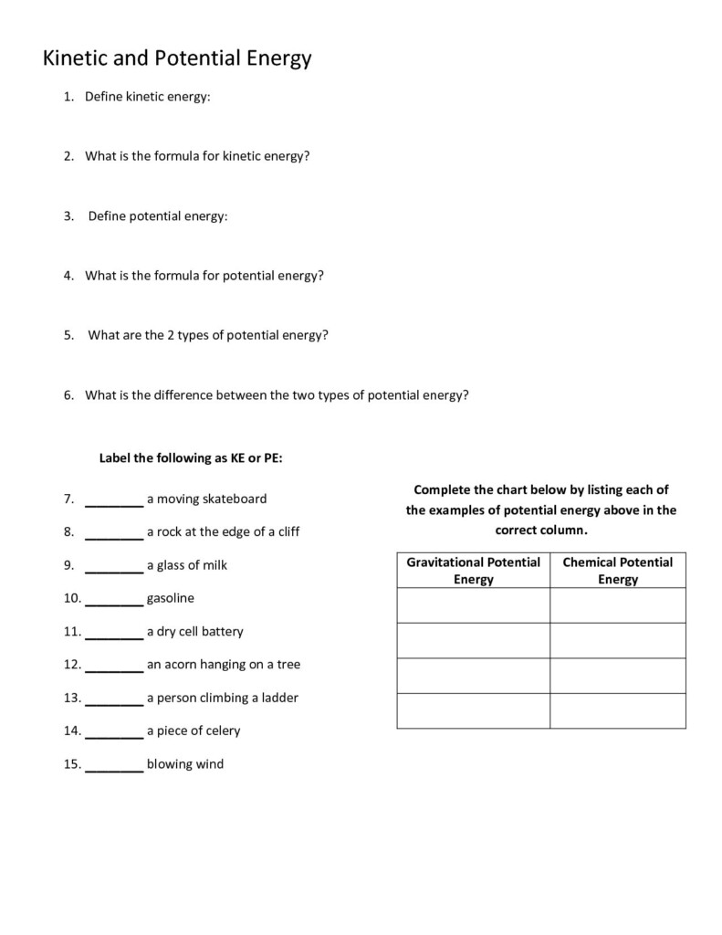 Kinetic And Potential Energy Worksheet