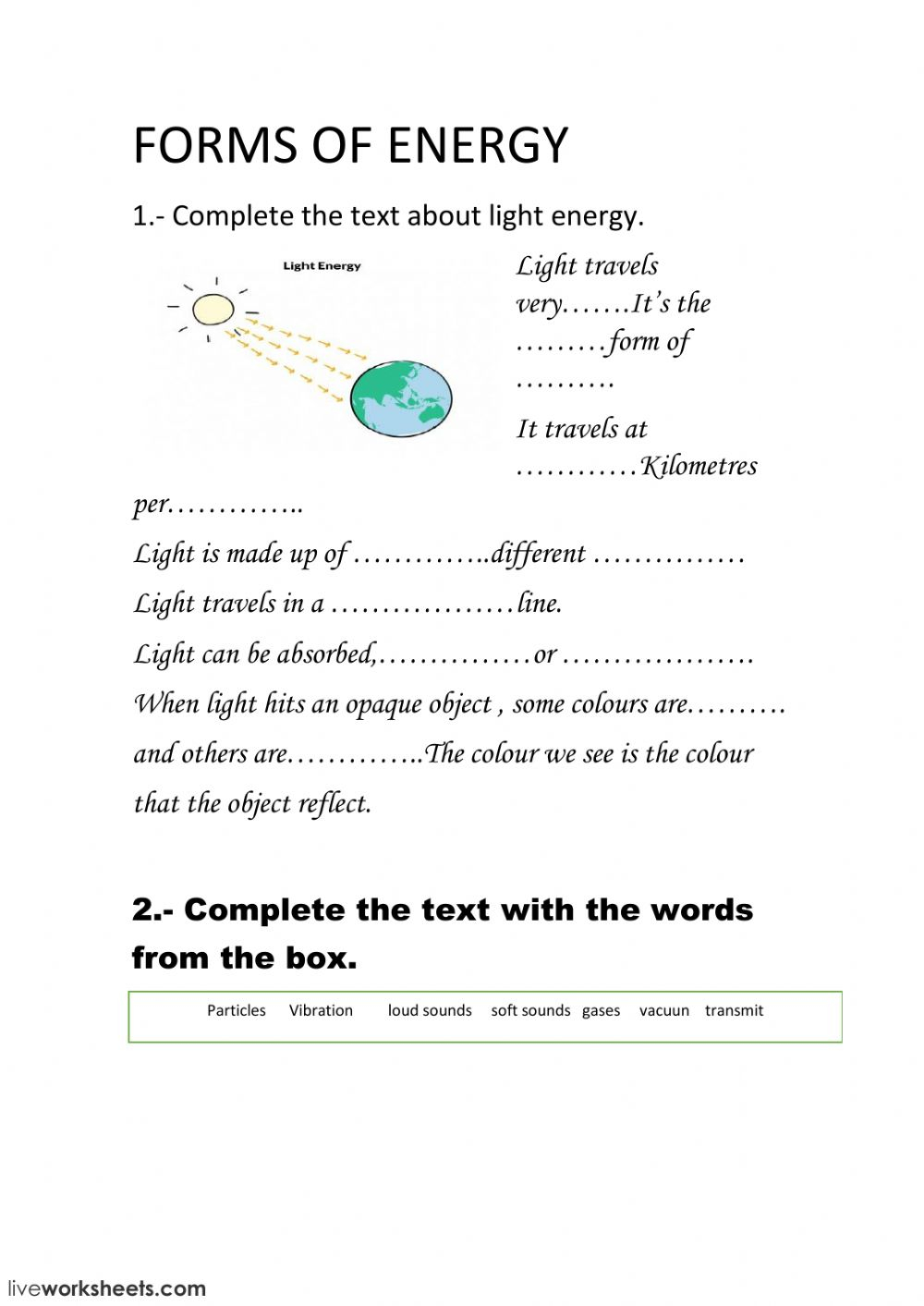 Light And Sound Energy Worksheet