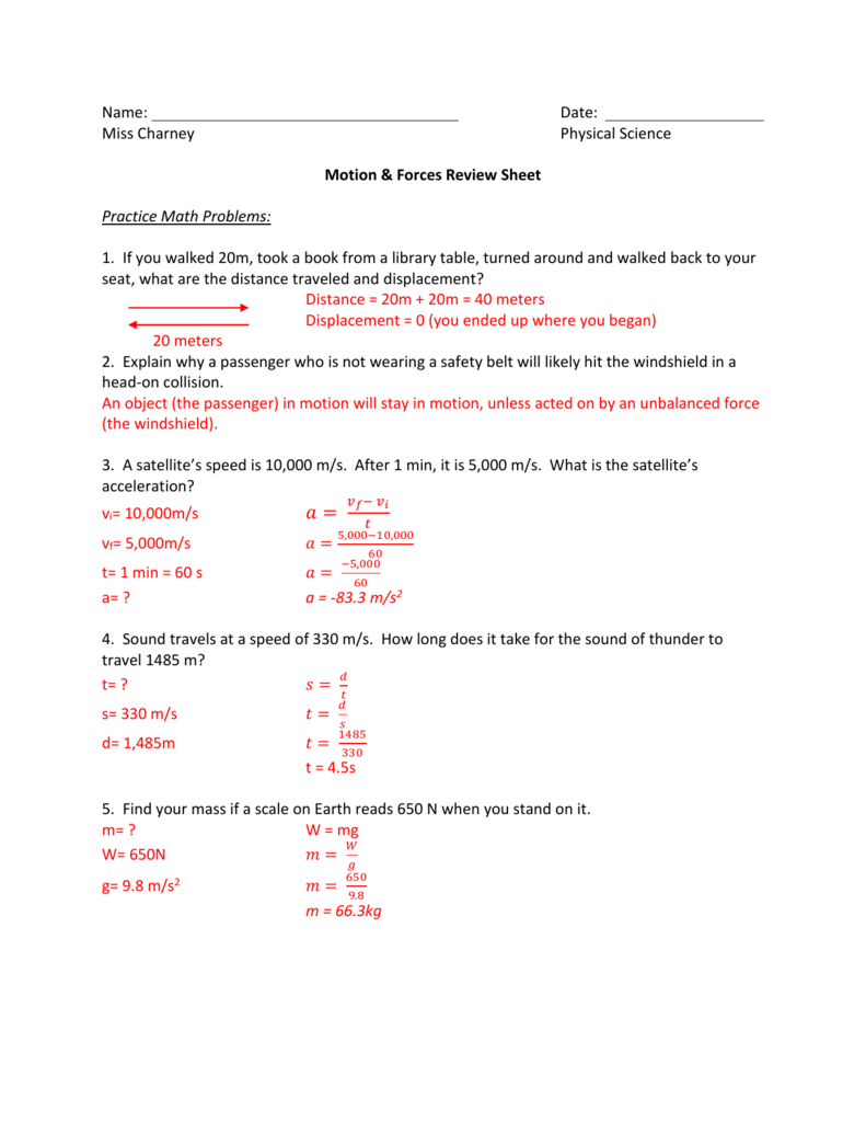 Motion Forces Review Sheet Answer Key Math Worksheet Answers