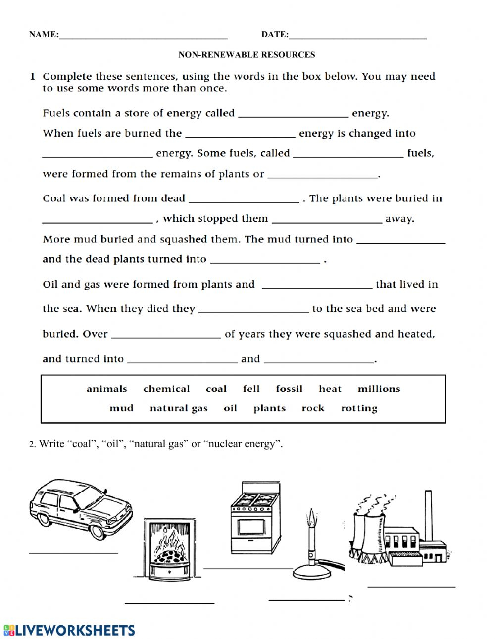 Non renewable Energy Interactive Worksheet