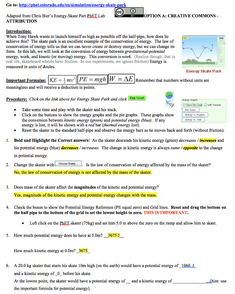 Phet Simulation Energy Skate Park Basics Worksheet Answer Key 