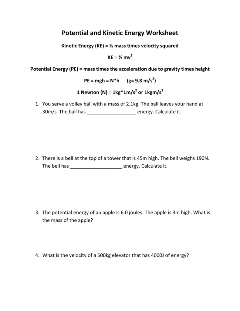 Potential And Kinetic Energy Worksheet