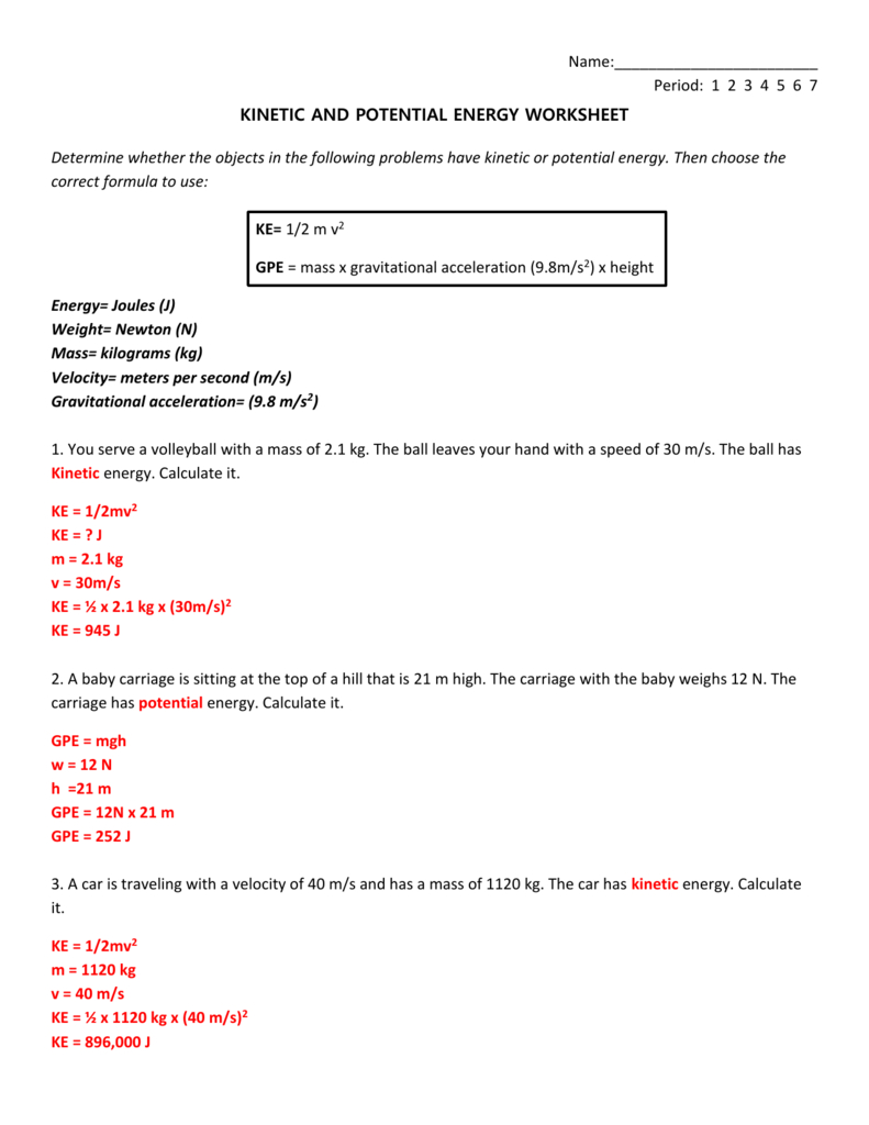 Potential And Kinetic Energy Worksheet Answer Key Db excel