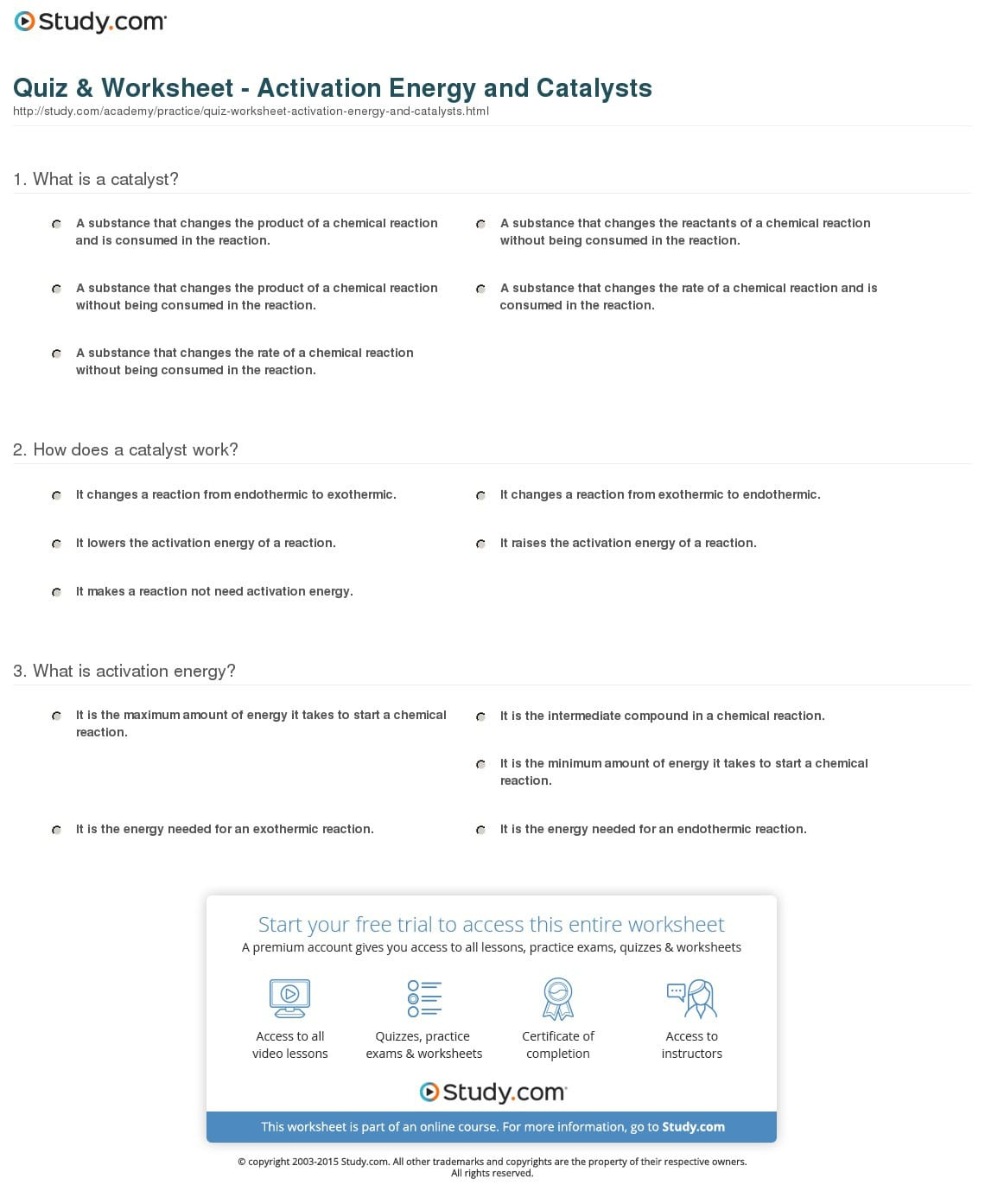 Quiz Worksheet Activation Energy And Catalysts Study Db excel