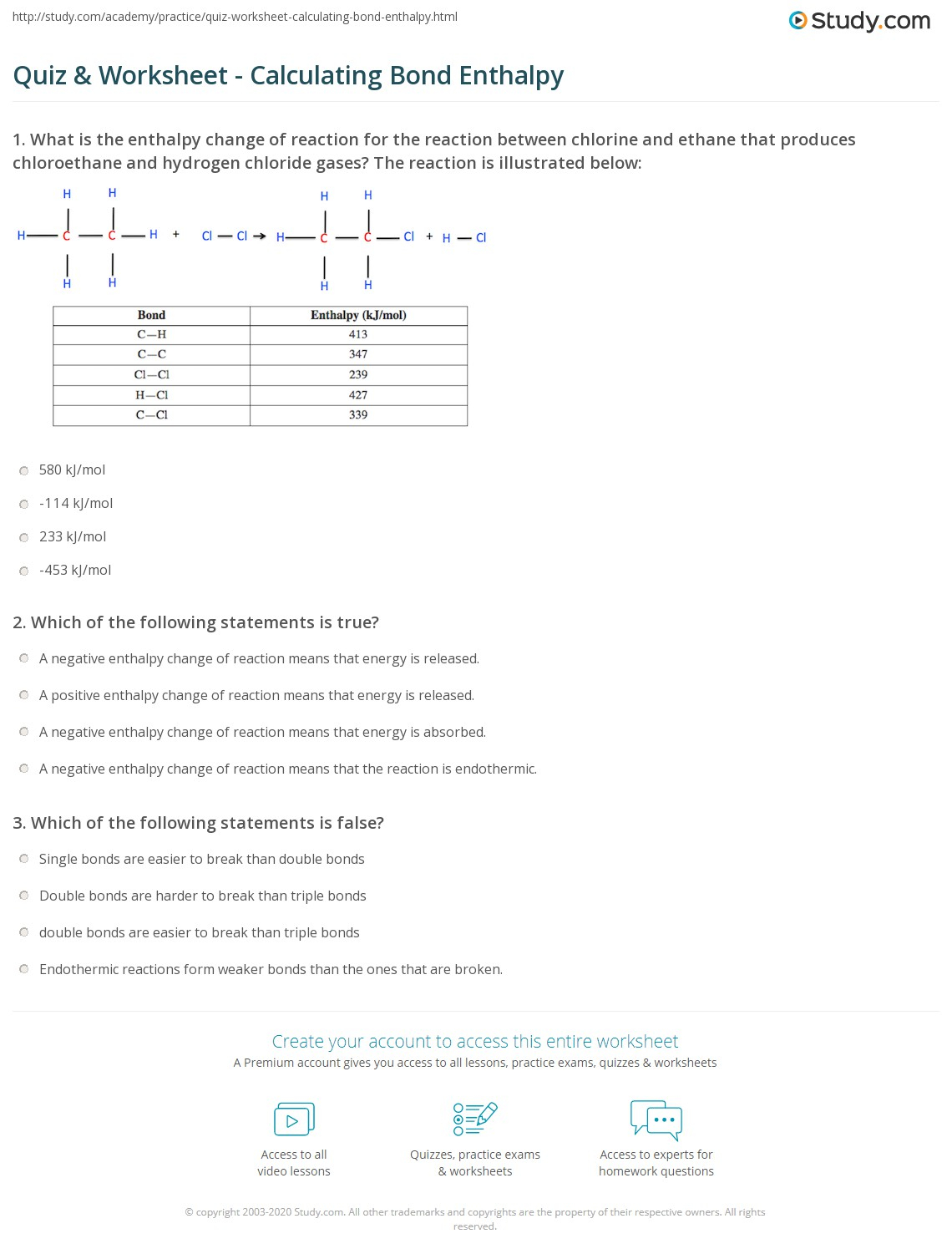 Quiz Worksheet Calculating Bond Enthalpy Study