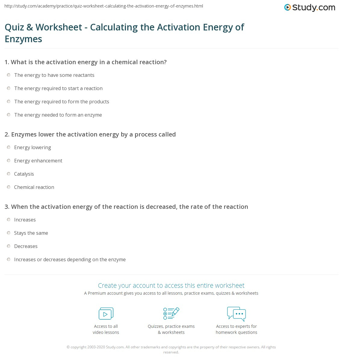 Quiz Worksheet Calculating The Activation Energy Of Enzymes Study