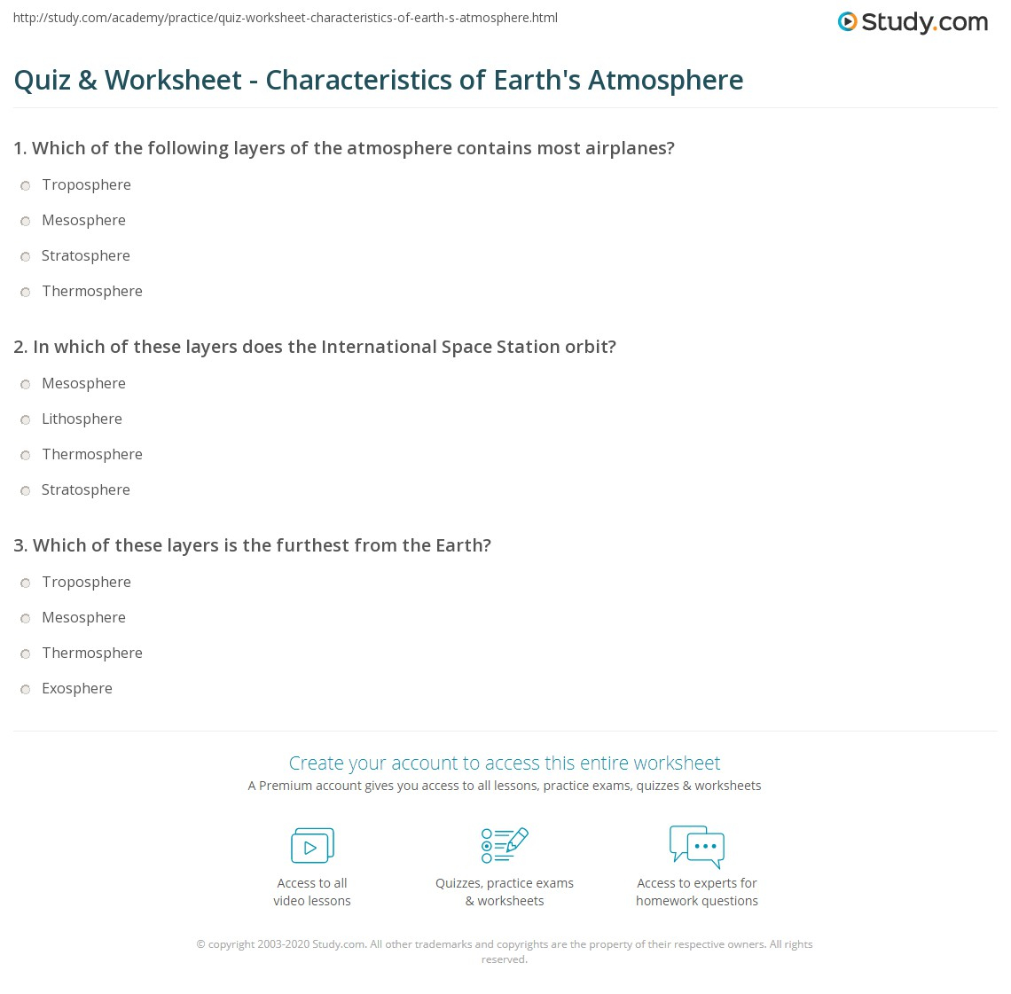 Quiz Worksheet Characteristics Of Earth s Atmosphere Study