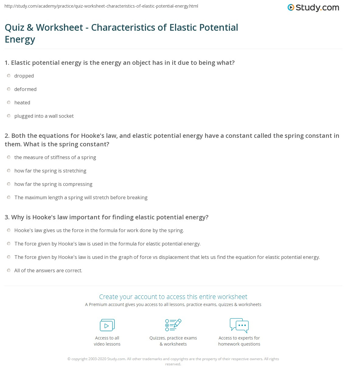 Quiz Worksheet Characteristics Of Elastic Potential Energy Study