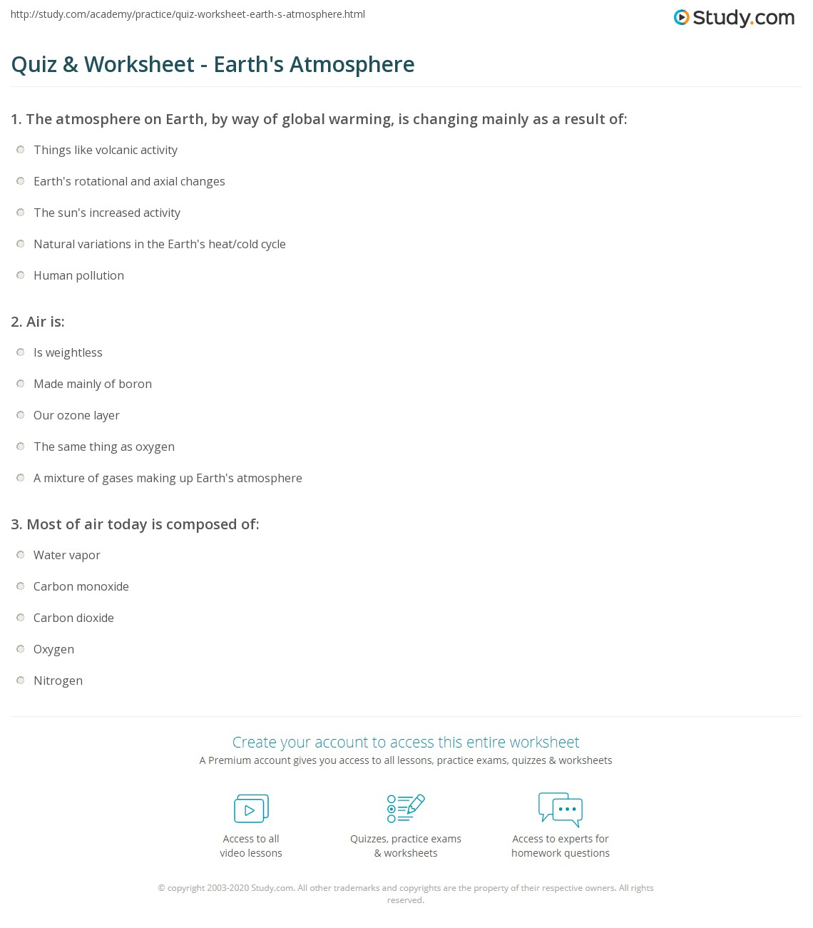 Quiz Worksheet Earth s Atmosphere Study