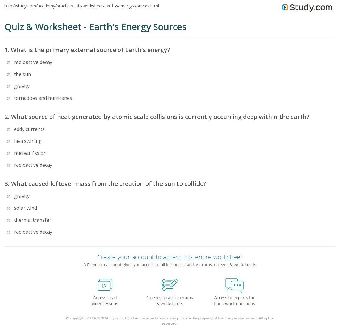 Quiz Worksheet Earth s Energy Sources Study