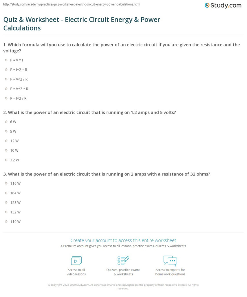 Quiz Worksheet Electric Circuit Energy Power Calculations Study