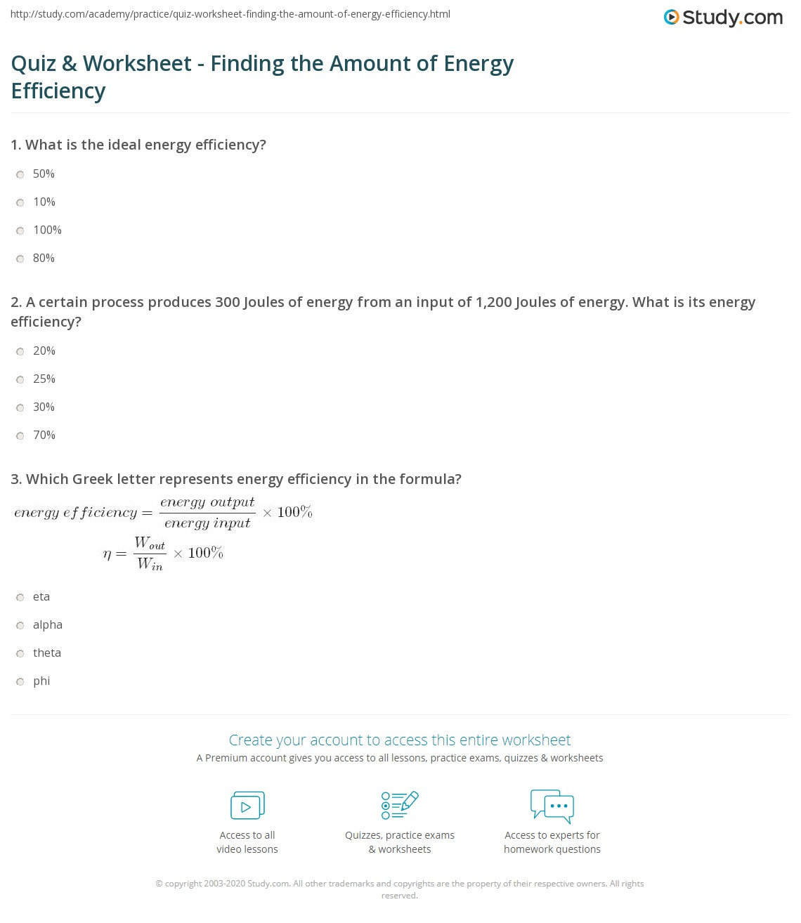 Quiz Worksheet Finding The Amount Of Energy Efficiency Study