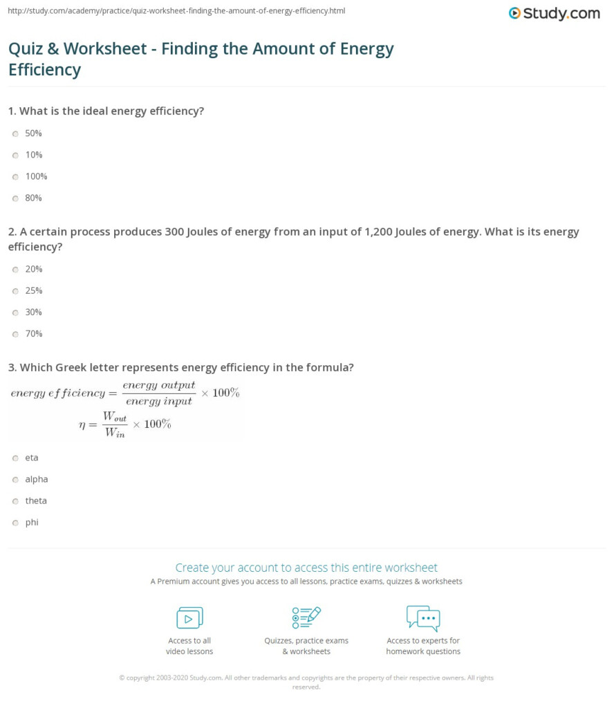 Quiz Worksheet Finding The Amount Of Energy Efficiency Study