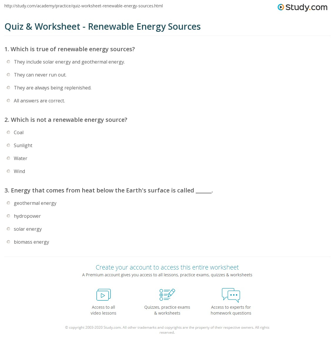 Quiz Worksheet Renewable Energy Sources Study