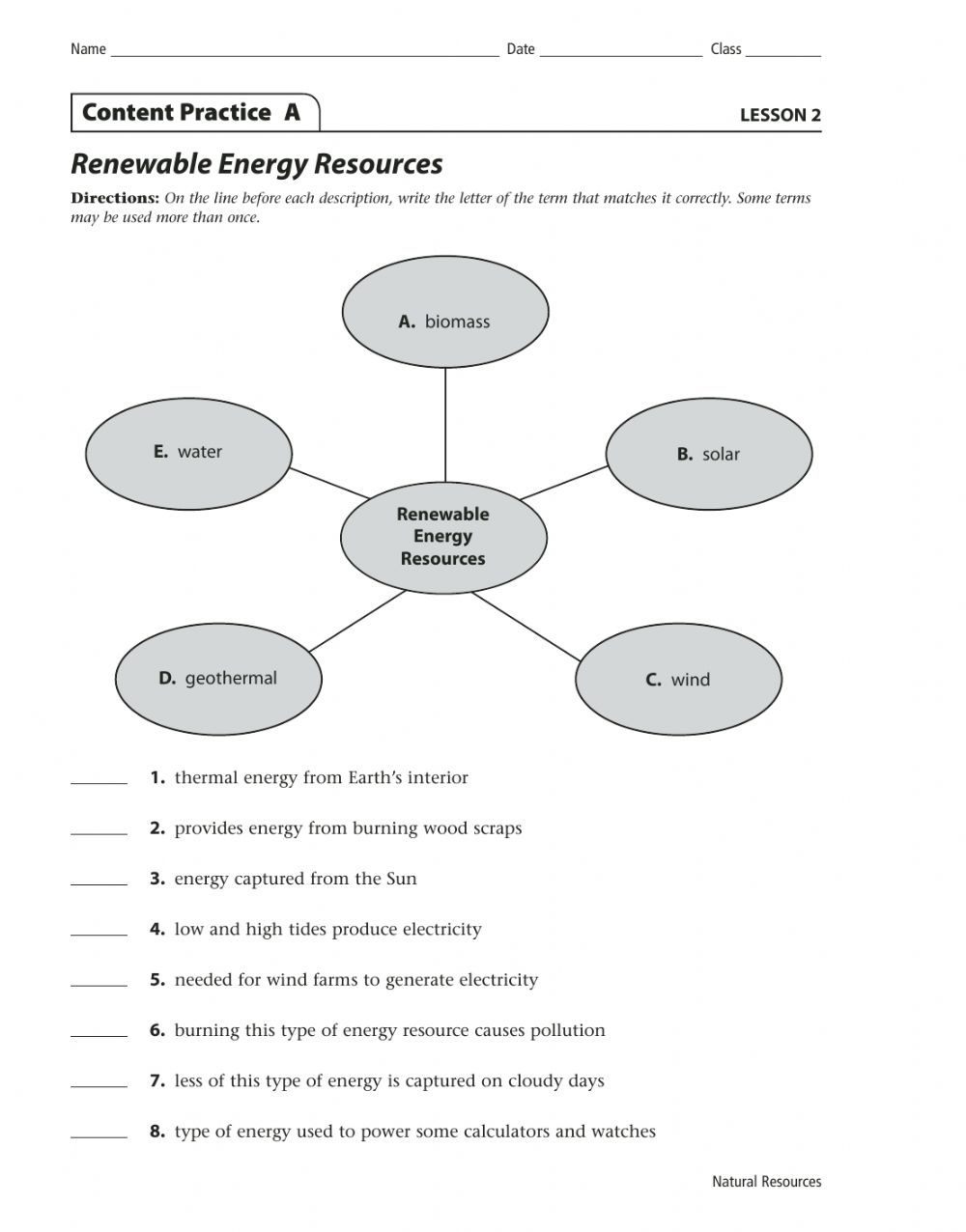 Renewable Energy Resources Worksheet