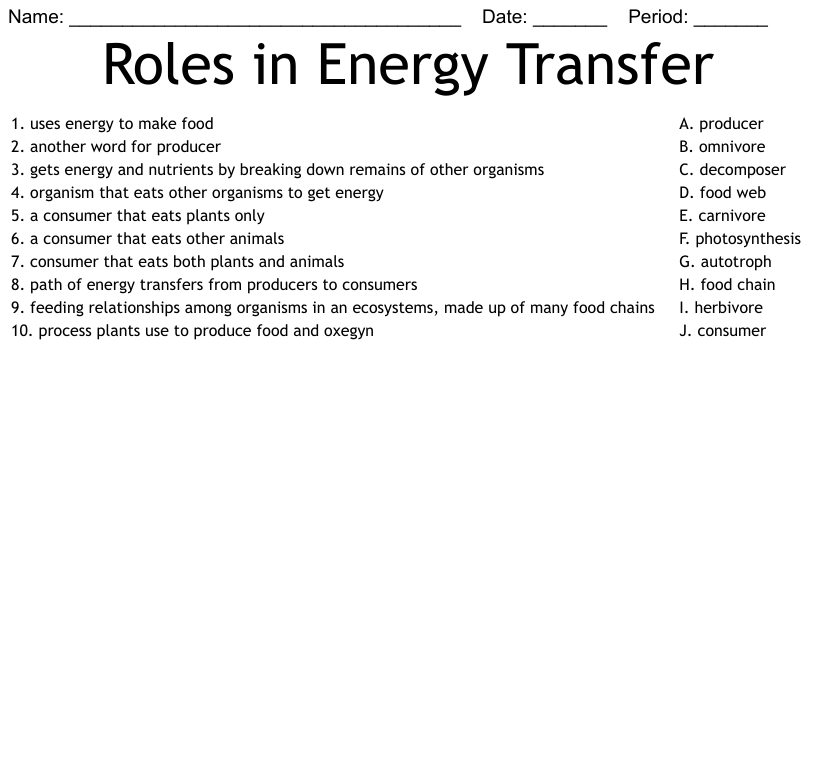 Roles In Energy Transfer Worksheet WordMint