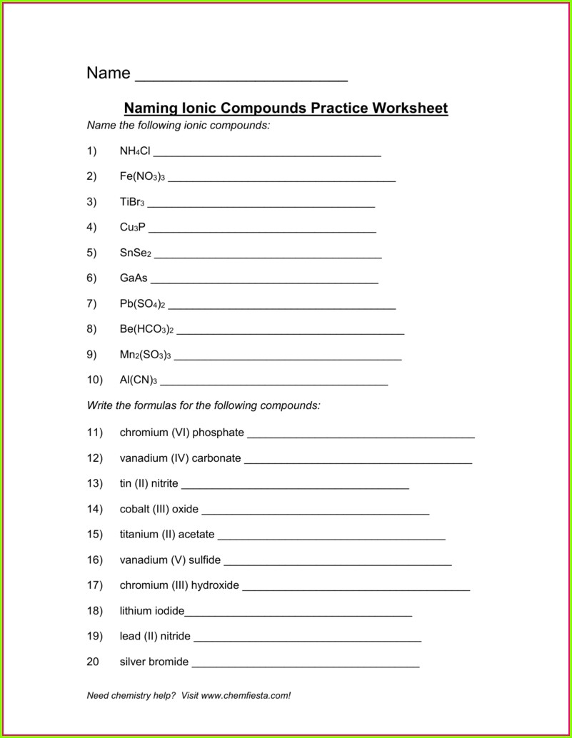 Section 3 Reinforcement Writing Formulas And Naming Compounds Worksheet 