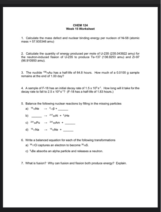 Solved CHEM 124 Week 15 Worksheet 1 Calculate The Mass Chegg