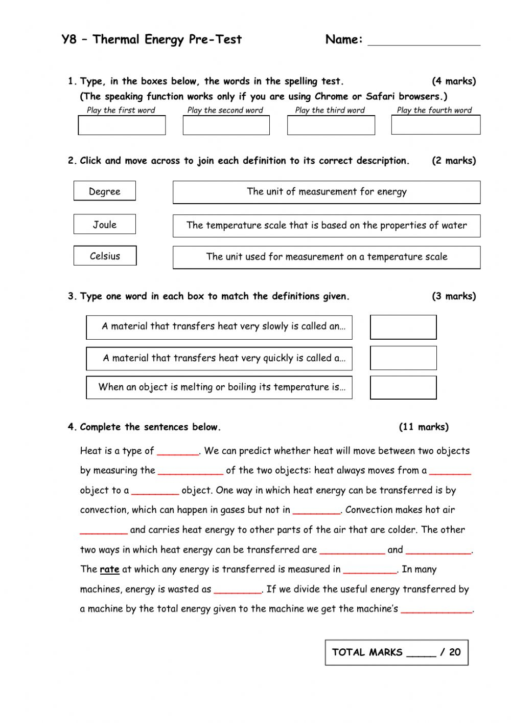 Thermal Energy short Test Worksheet