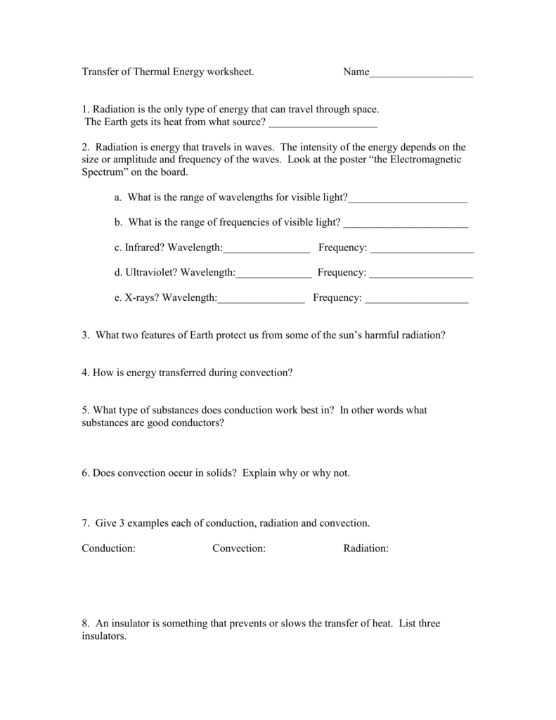 Transfer Of Thermal Energy Worksheet