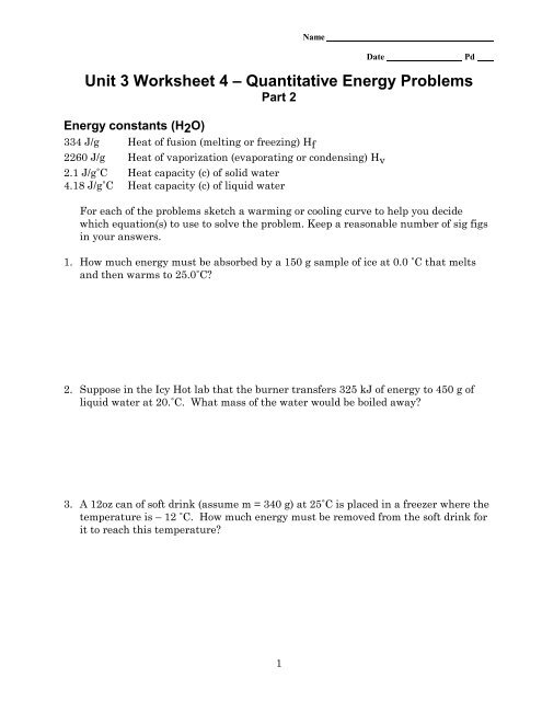 Unit 3 Worksheet 4 Quantitative Energy Problems