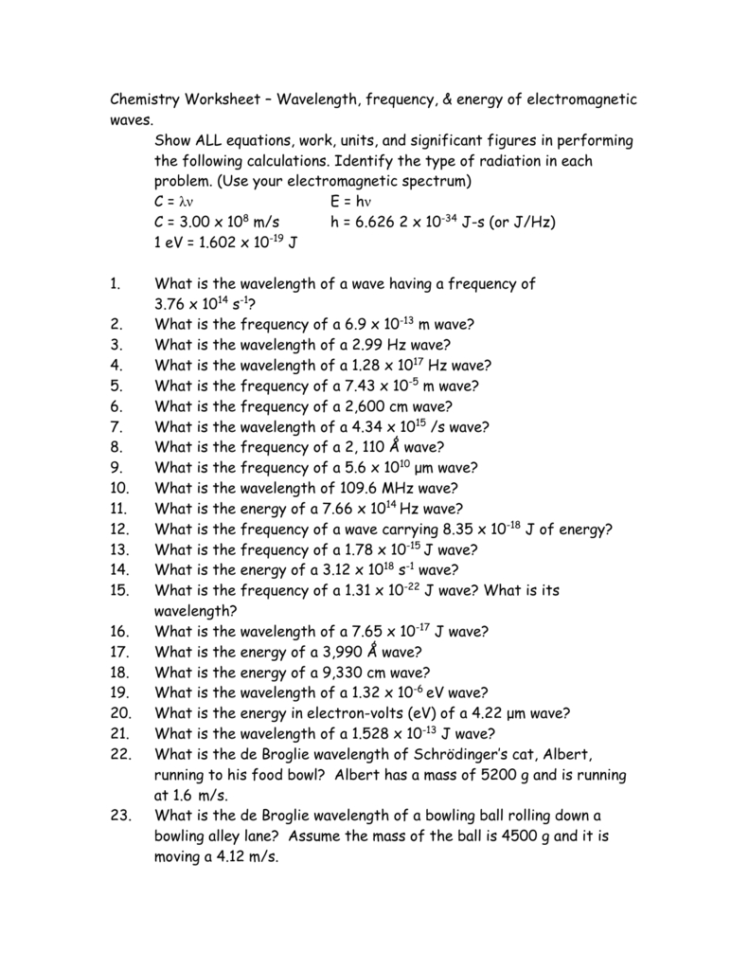 Wavelength Frequency And Energy Worksheet Answer Key Db excel