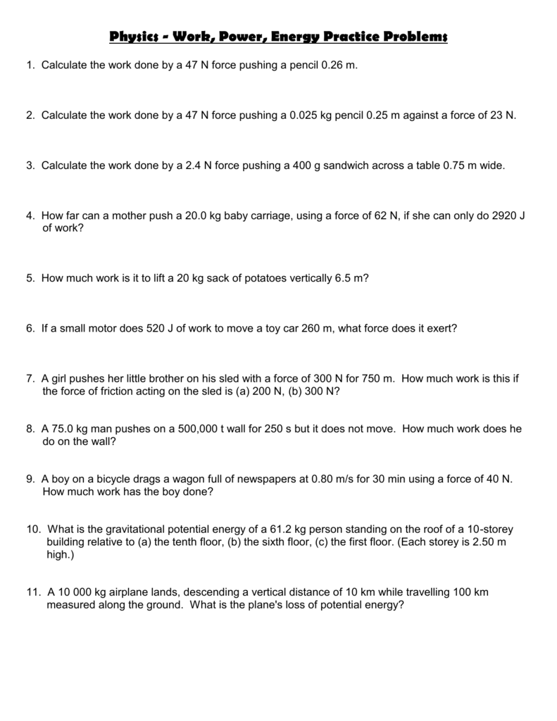 Work And Energy Worksheet Answers