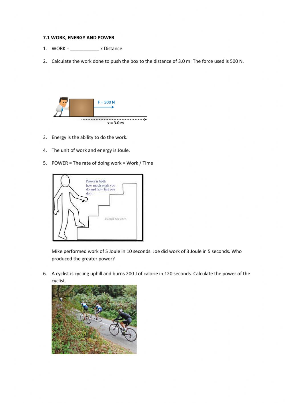 Work Energy Power Worksheet