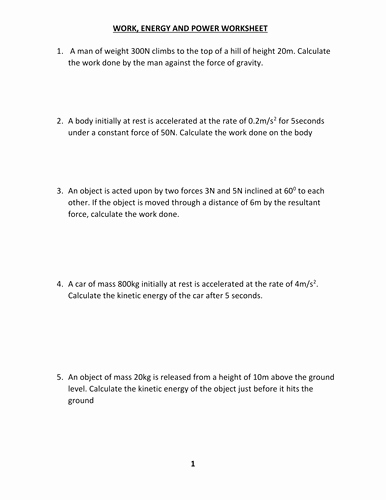 Work Power Energy Worksheet Awesome Work Energy And Power Worksheet 