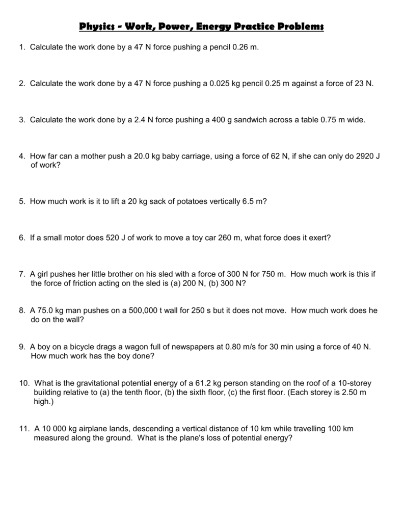 Work Power Energy Worksheet